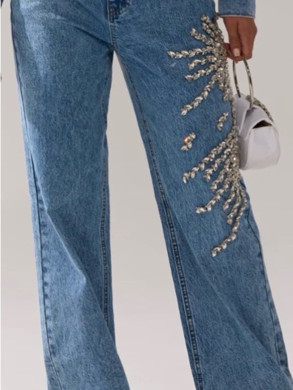 AKIRA Light Blue Denim Straight Leg Jeans with Gold Sequin Burst